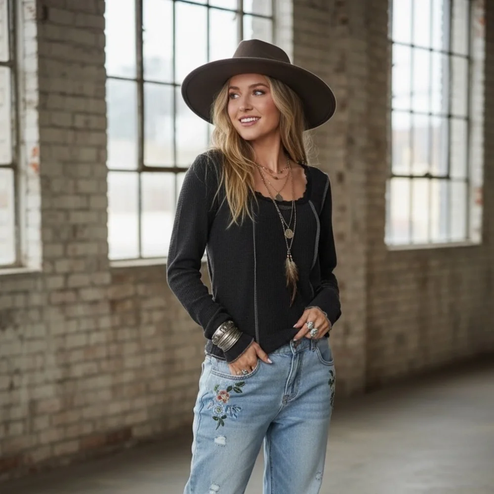 NWT POL Exposed Seam Butterfly Patch Boho Washed Black Long Sleeve Top - Picture 6 of 6